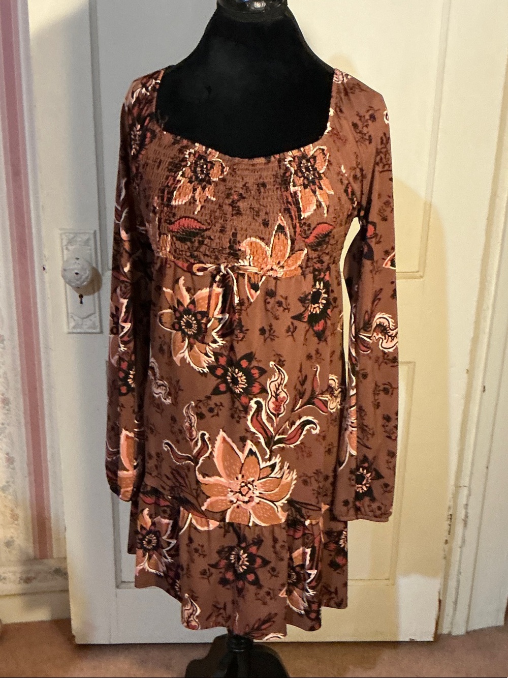 SO Brown Floral Long-Sleeve Empire-Waist Dress